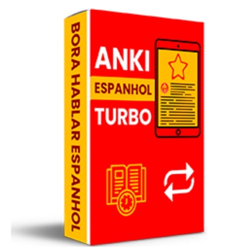 Clique para saber mais sobre o Anki Espanhol Turbo Capa do produto Anki Espanhol Turbo com fundo vermelho, ícone de repetição espaçada e livro digital