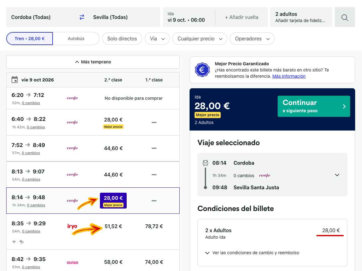 Passagem de trem de Córdoba para Sevilha